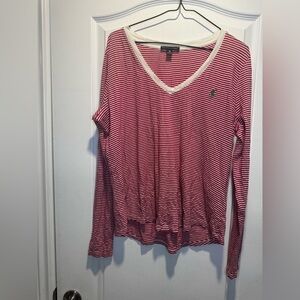 17-Ralph Lauren Women's Soft Striped Long Sleeve V Neck Shirt Green Pony XL